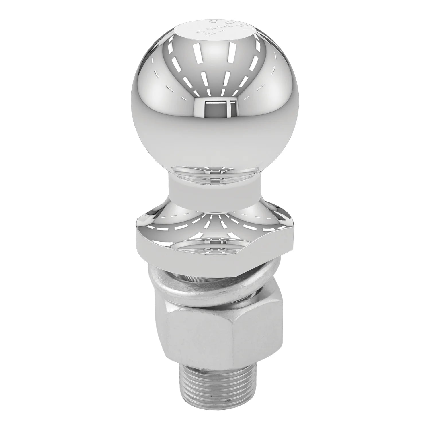 Chrome Curt 2-inch trailer hitch ball with lock washer and mounting nut.