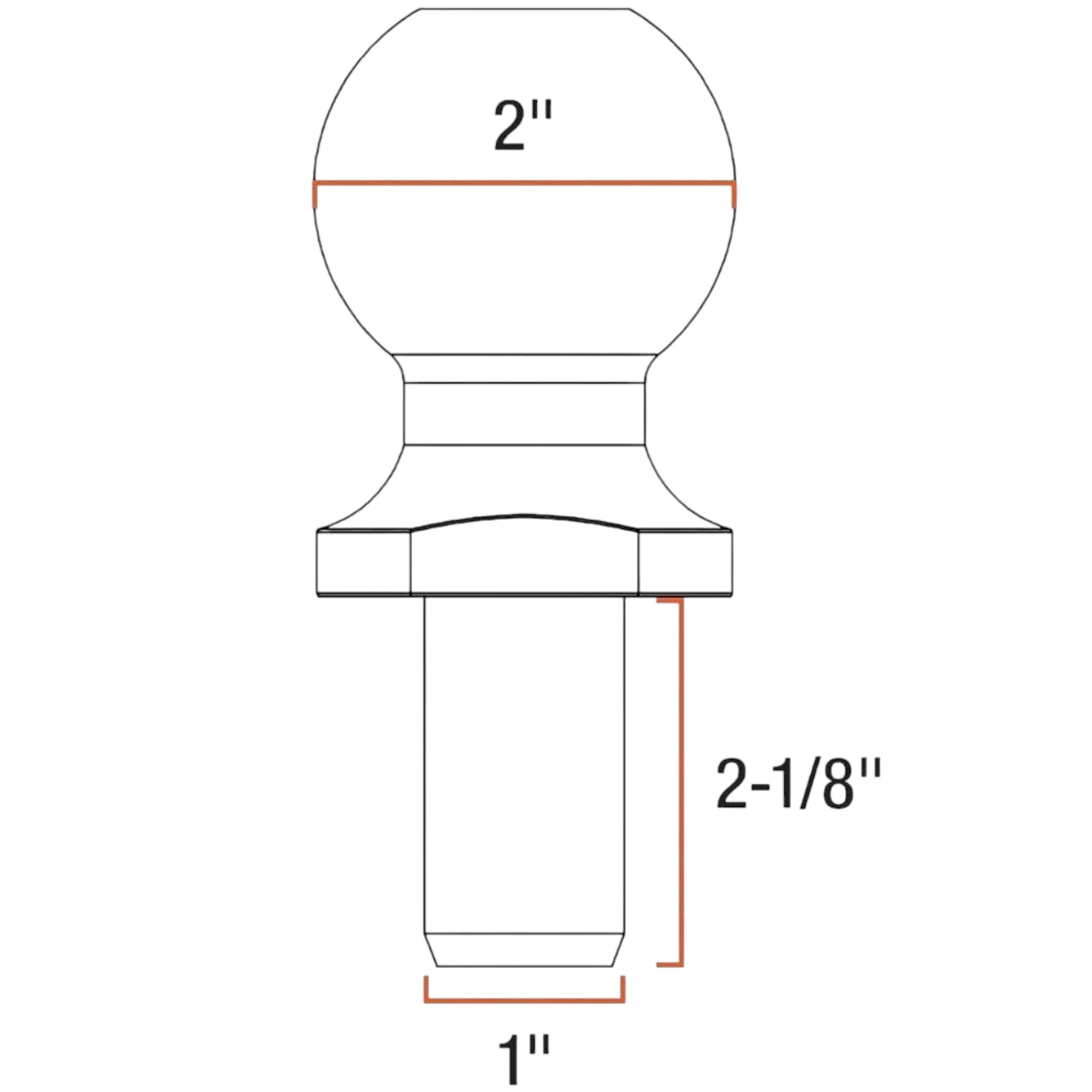 Technical measurement diagram of a 2-inch trailer hitch ball showing a 2-1/8 inch shank length and a 1-inch shank diameter.
