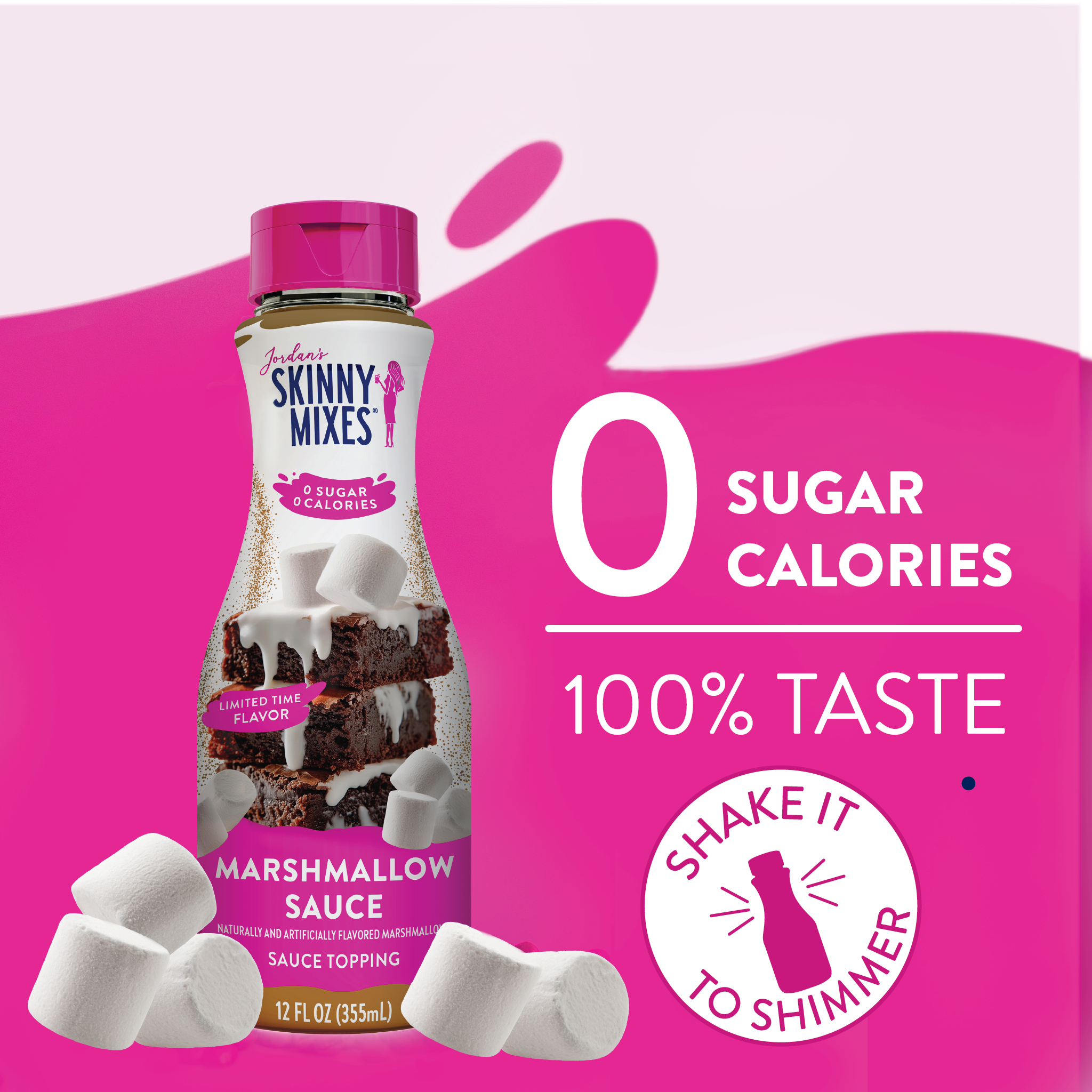 Skinny Mixes Marshmallow Sauce bottle with marshmallows on a pink and white background