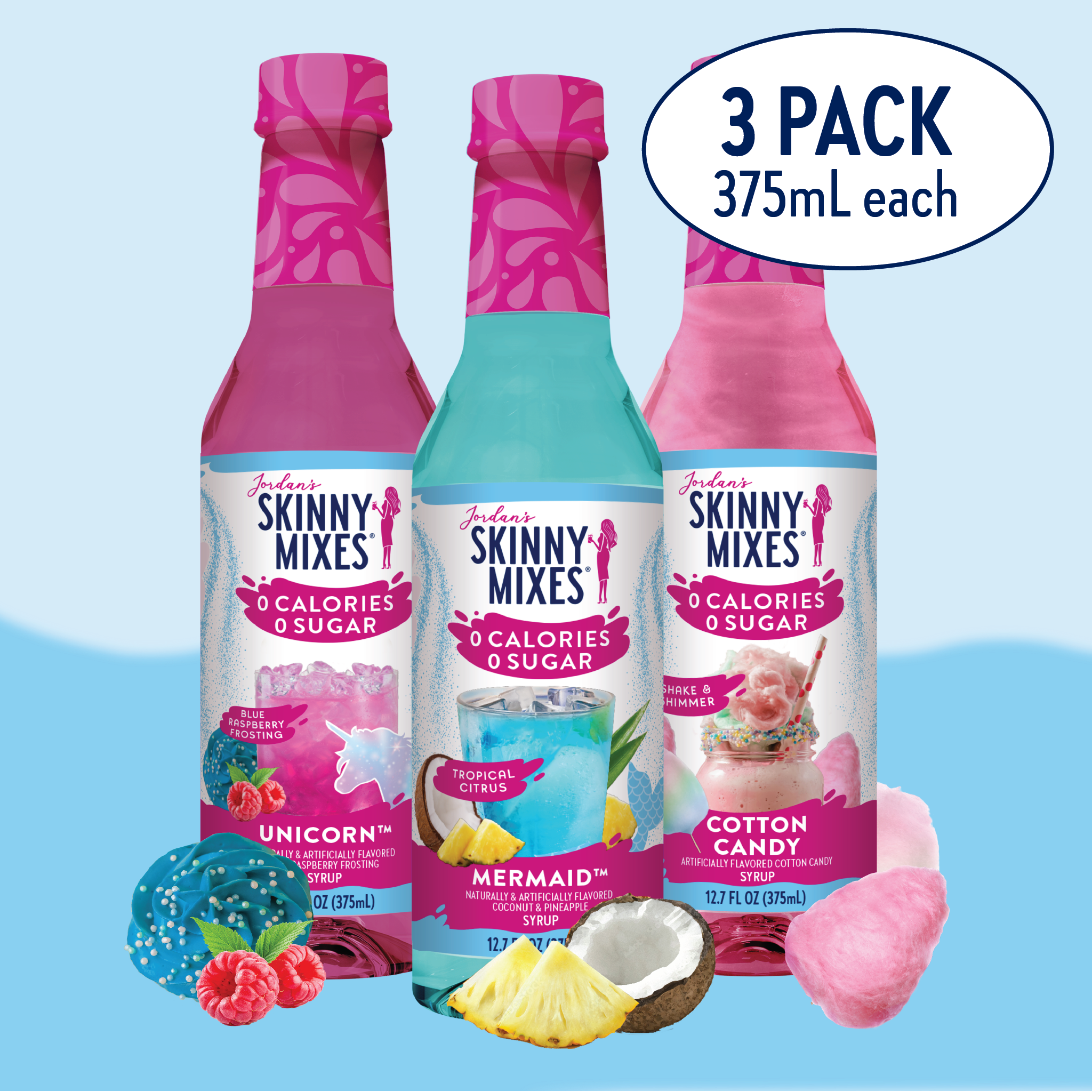 Three bottles of Skinny Mixes drinks with colorful labels on a blue background