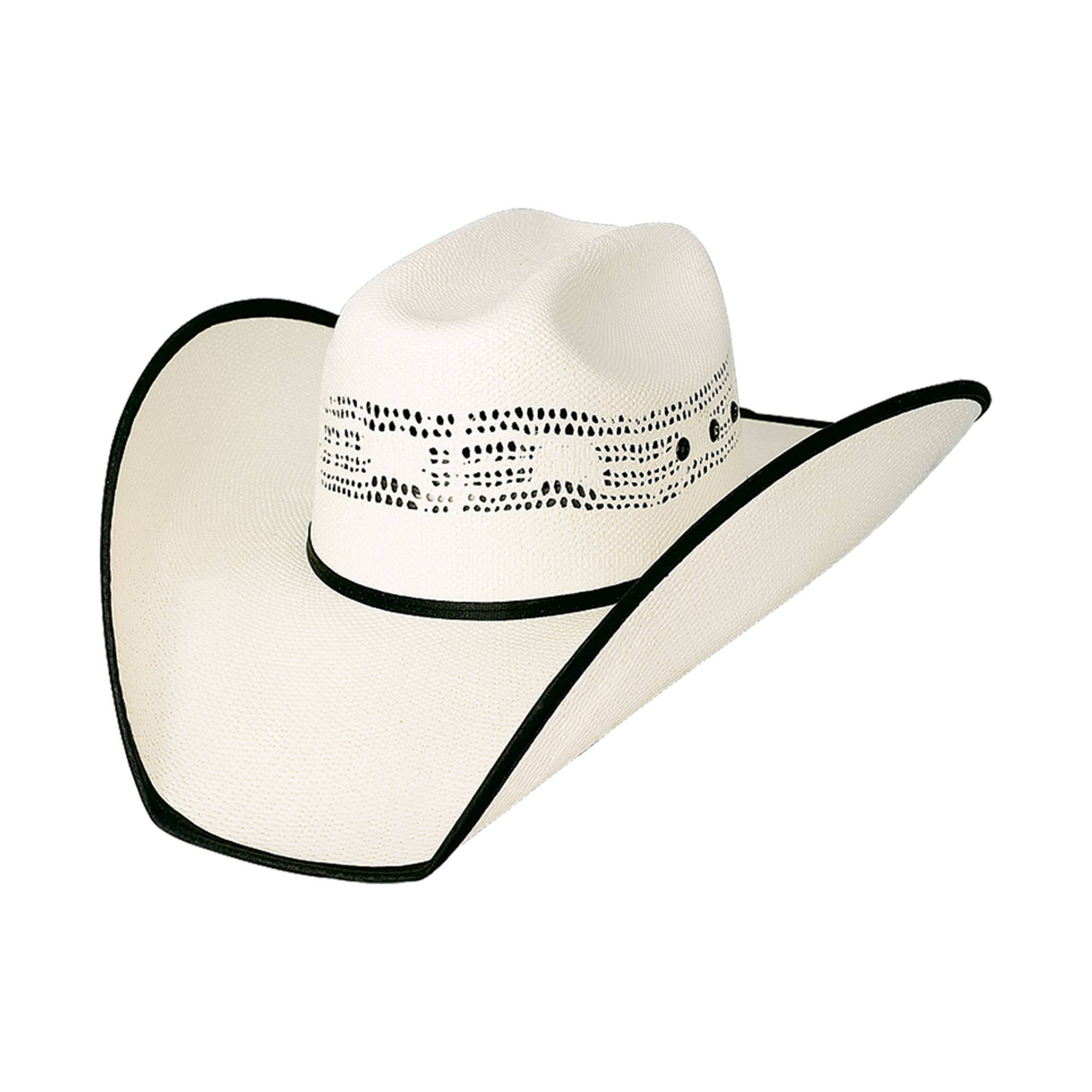 White cowboy hat named Rodeo Scene with black trim along the brim and crown, featuring a black hat band around the crown, shown on a plain white background.