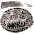 Silver Western belt buckle with engraved deer and American flag design shown alongside its hidden removable pocket knife.