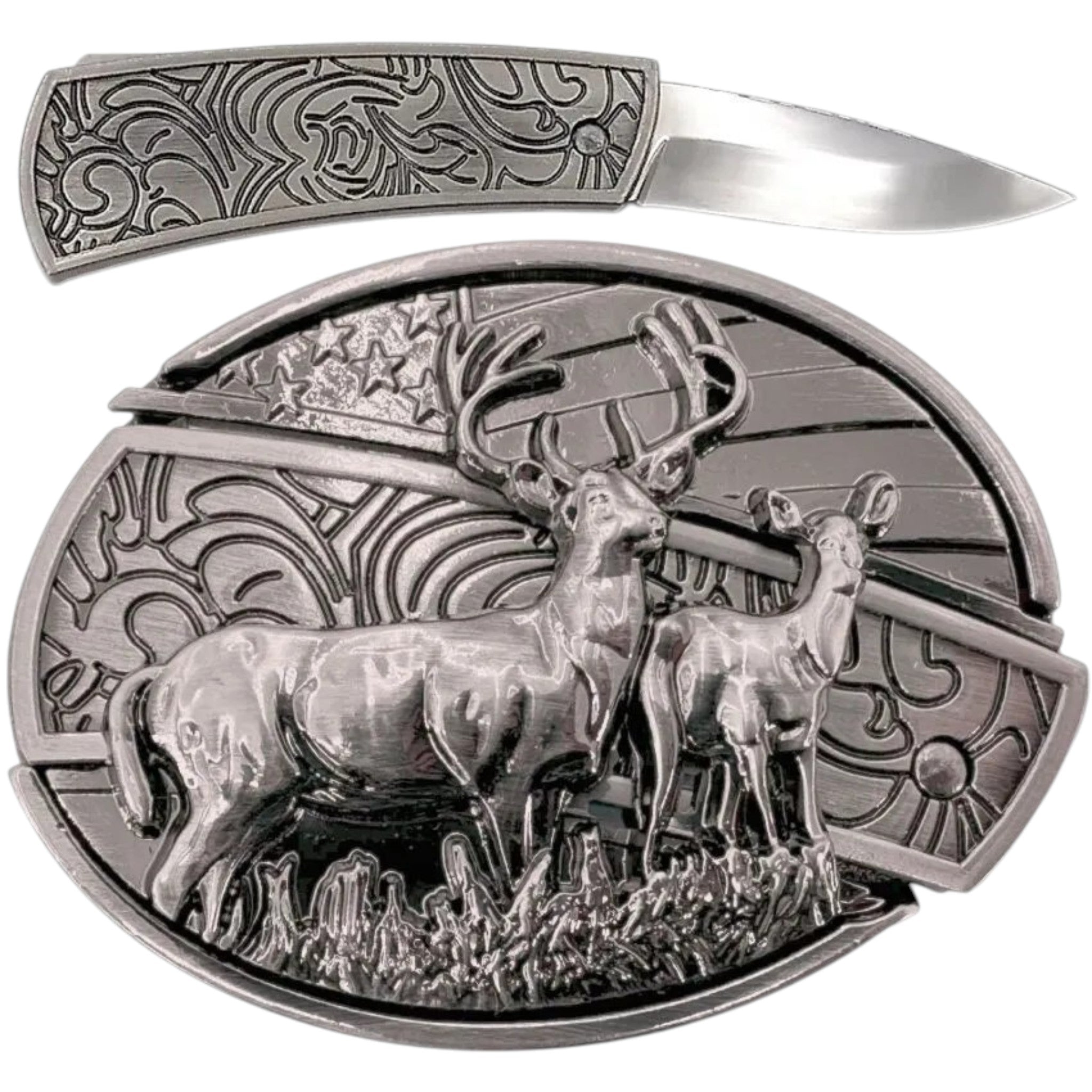 Silver Western belt buckle with engraved deer and American flag design shown alongside its hidden removable pocket knife.