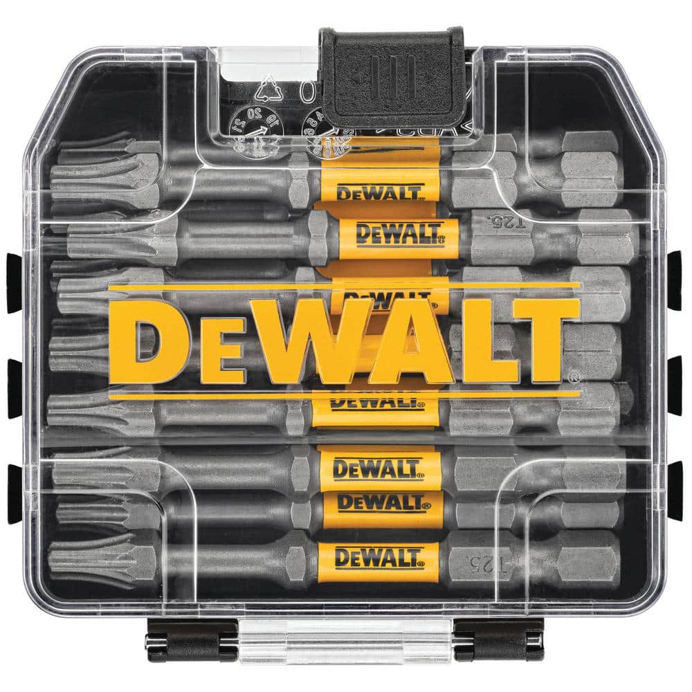 DeWalt drill bit set in a clear case on a white background