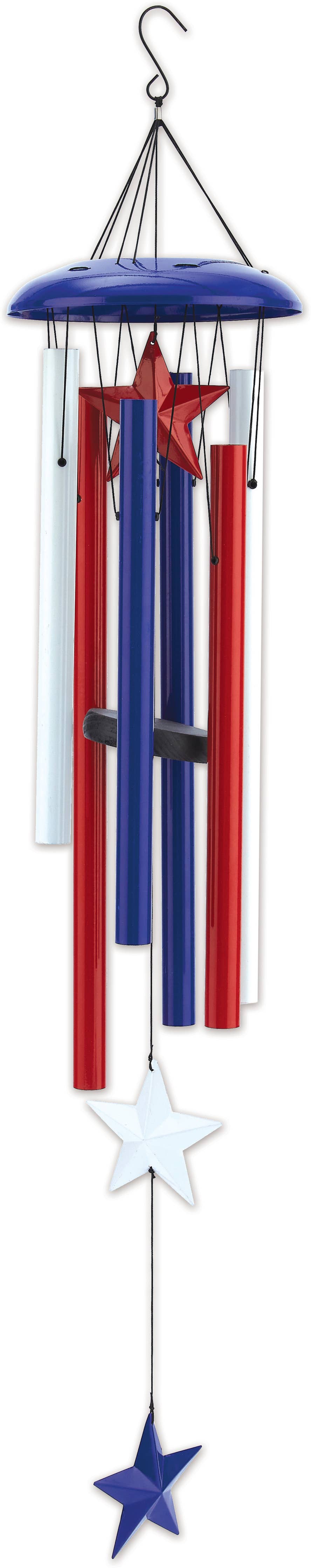 Wind chime with red, white, and blue stars on a white background