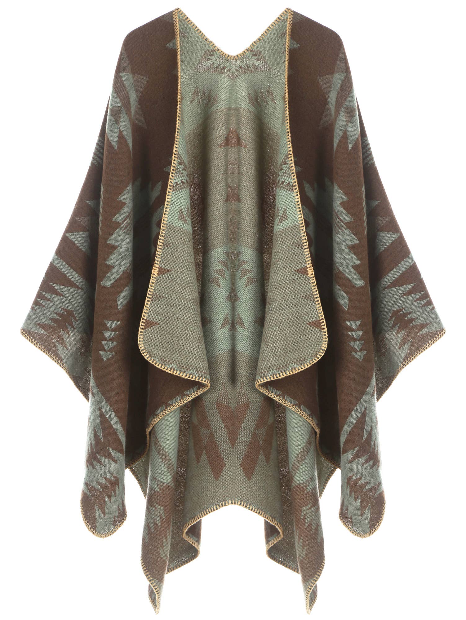 Patterned poncho with brown and green colors on a white background