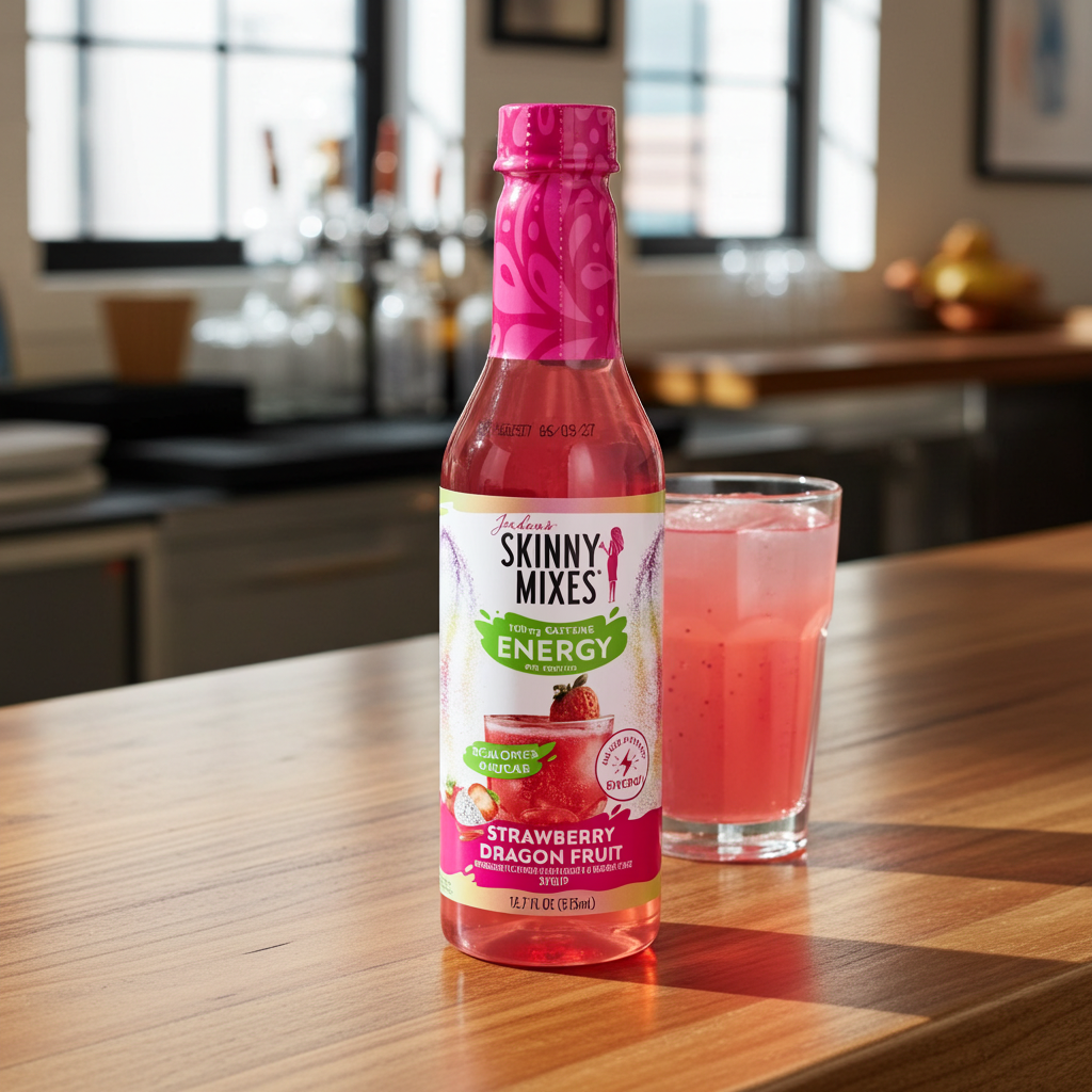 Skinny Mixes strawberry dragon fruit energy drink bottle and glass on a wooden table.