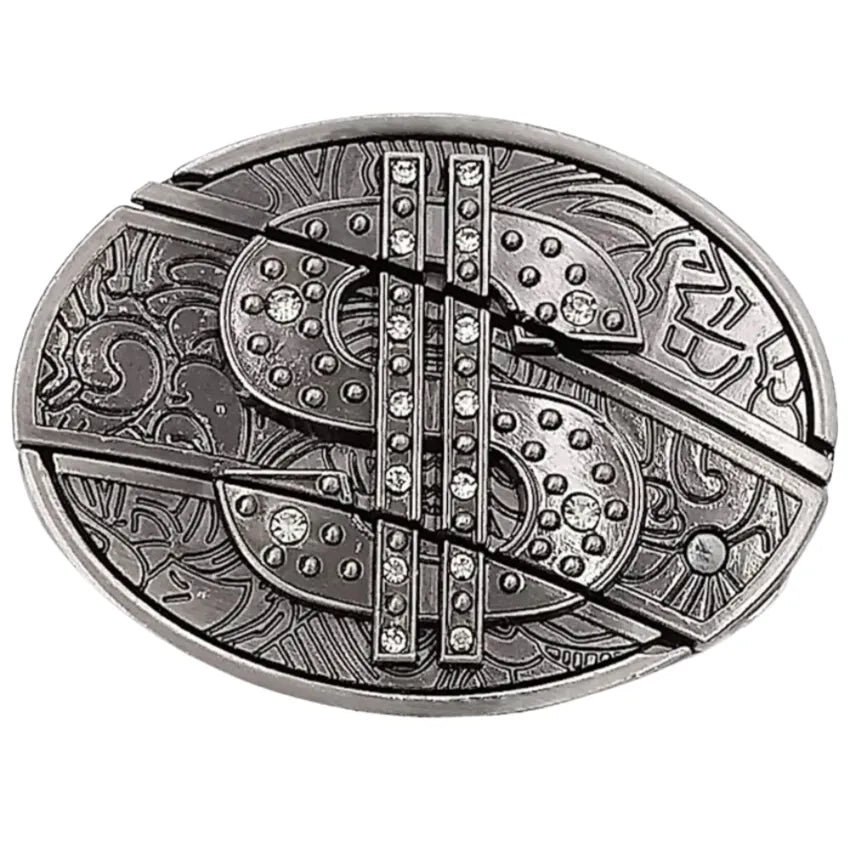 Decorative belt buckle with dollar sign patterns and gemstones on a white background