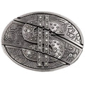 Decorative belt buckle with dollar sign patterns and gemstones on a white background