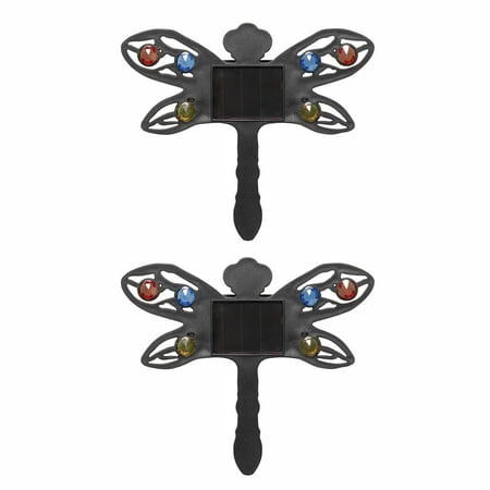 2-pack metal dragonfly solar lights for garden decor and path lighting.
