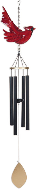 Wind chime with a red cardinal at the top, black metal tubes, and a beige teardrop-shaped blade at the bottom.