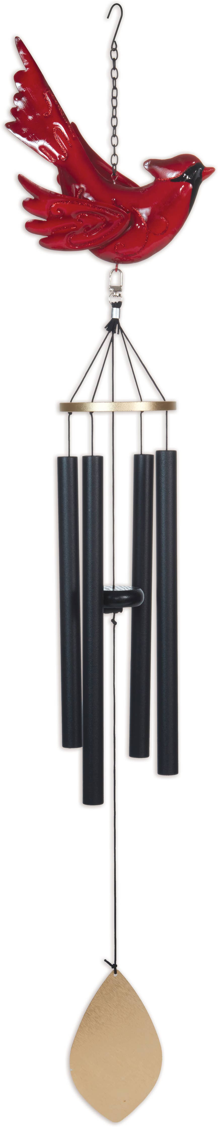 Wind chime with a red cardinal at the top, black metal tubes, and a beige teardrop-shaped blade at the bottom.