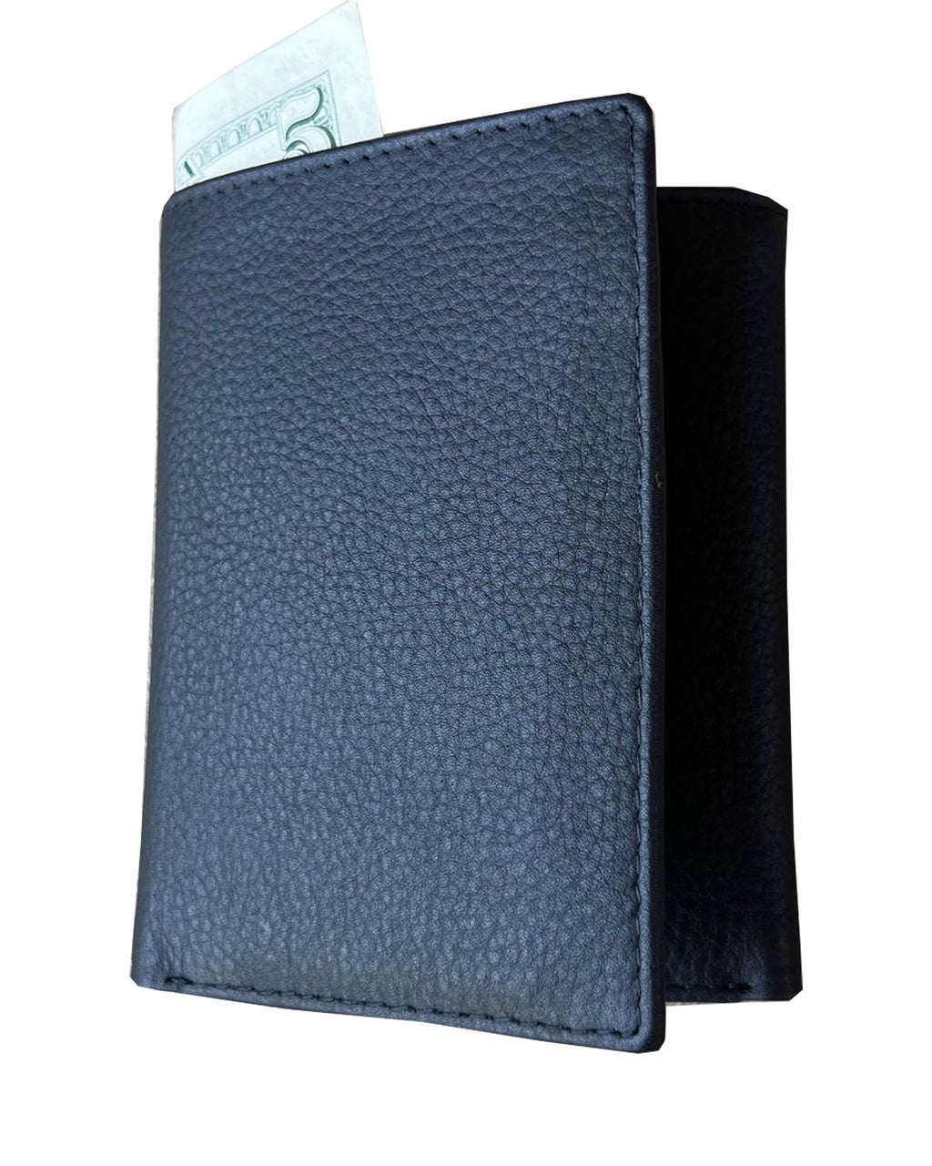 Black Cowhide Leather Tri-Fold Wallet with RFID Protection closed with a white background