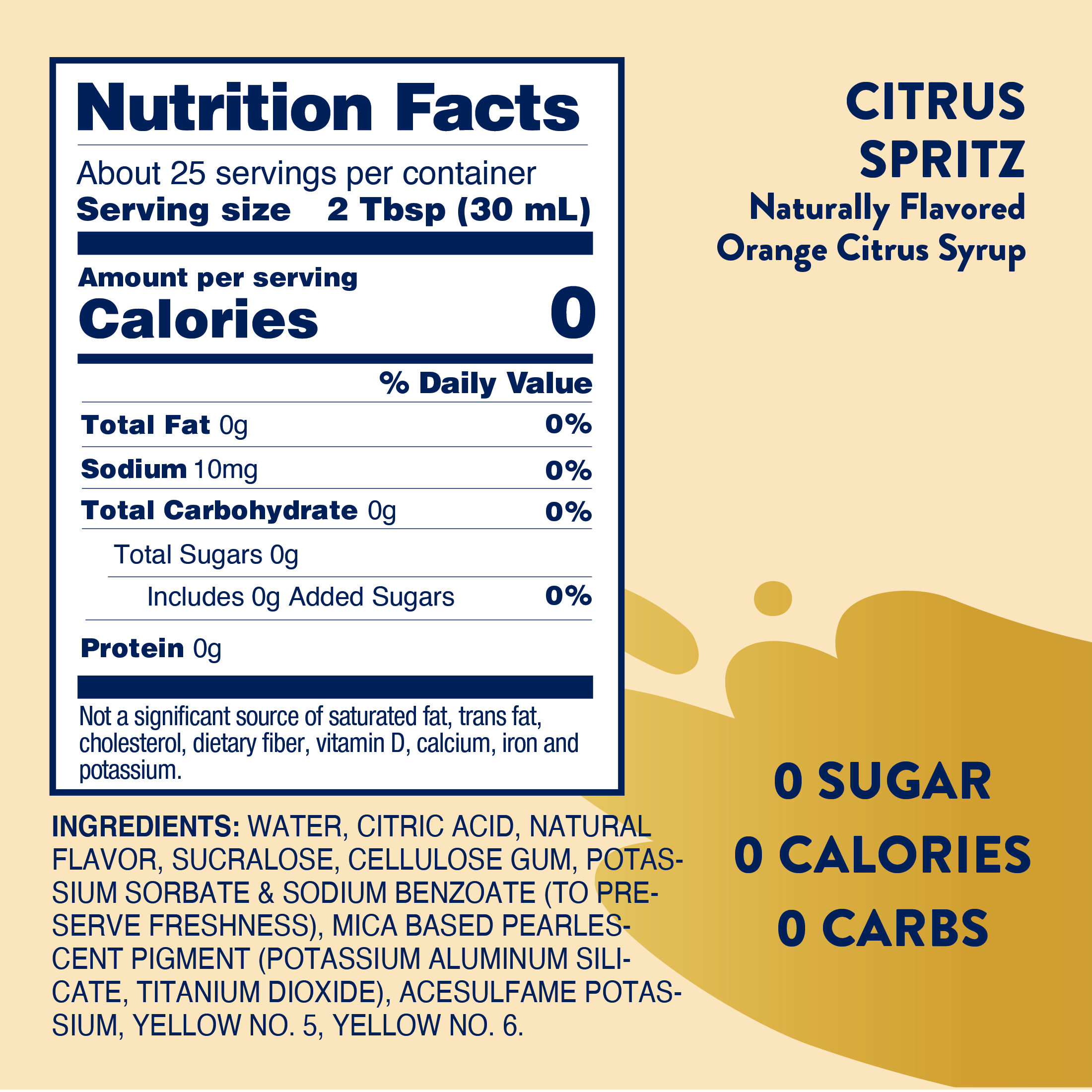 Nutrition facts label for Citrus Spritz syrup with a beige background