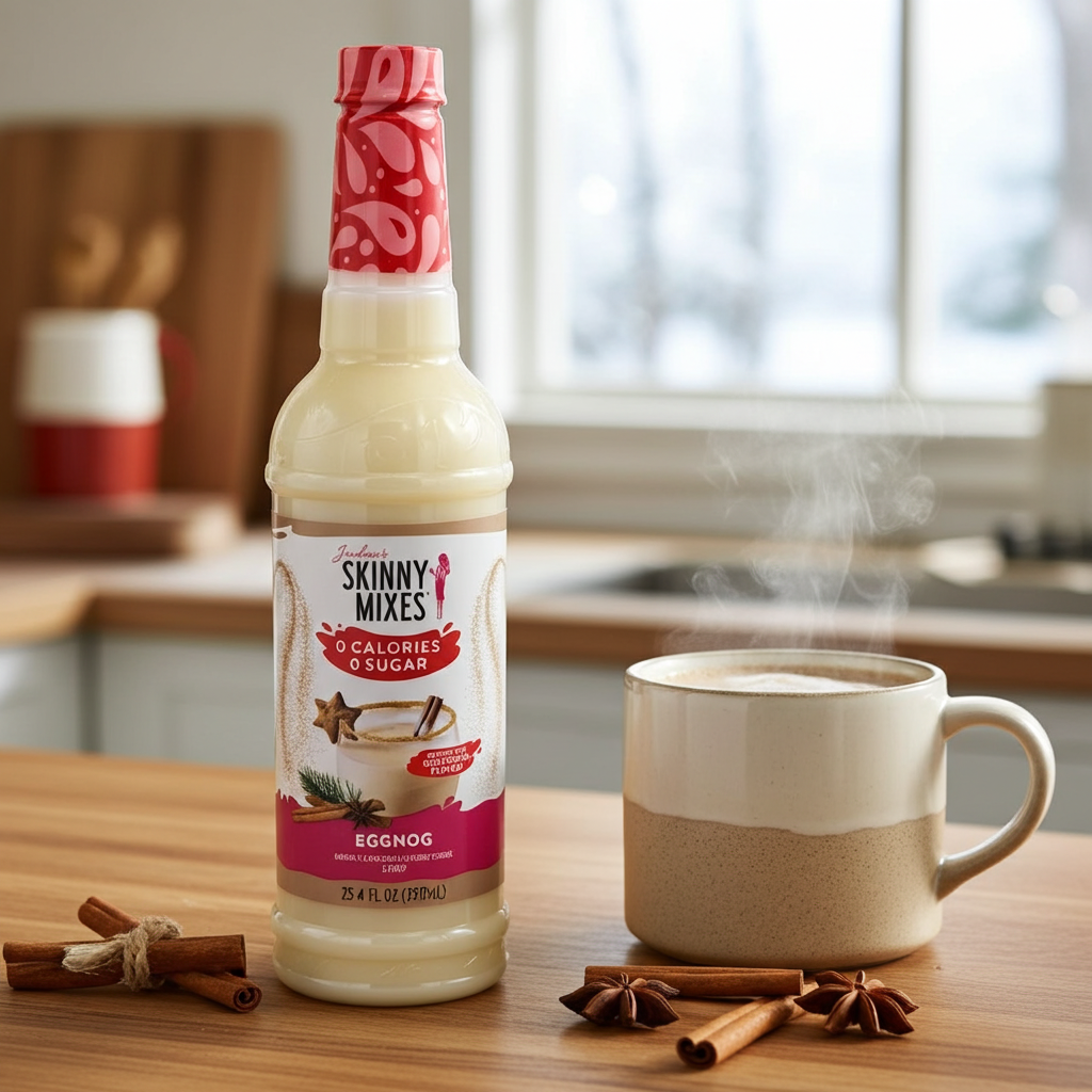 A bottle of Jordan's Skinny Mix in the flavor Eggnog with a hot beverage used to flavor.