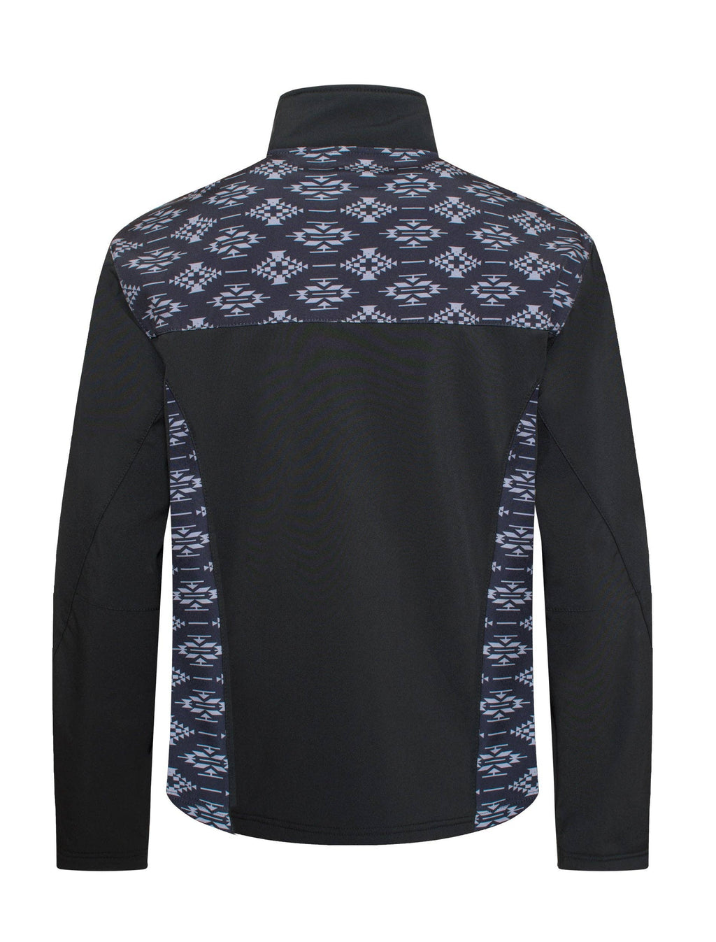 Black jacket with blue geometric pattern on a white background