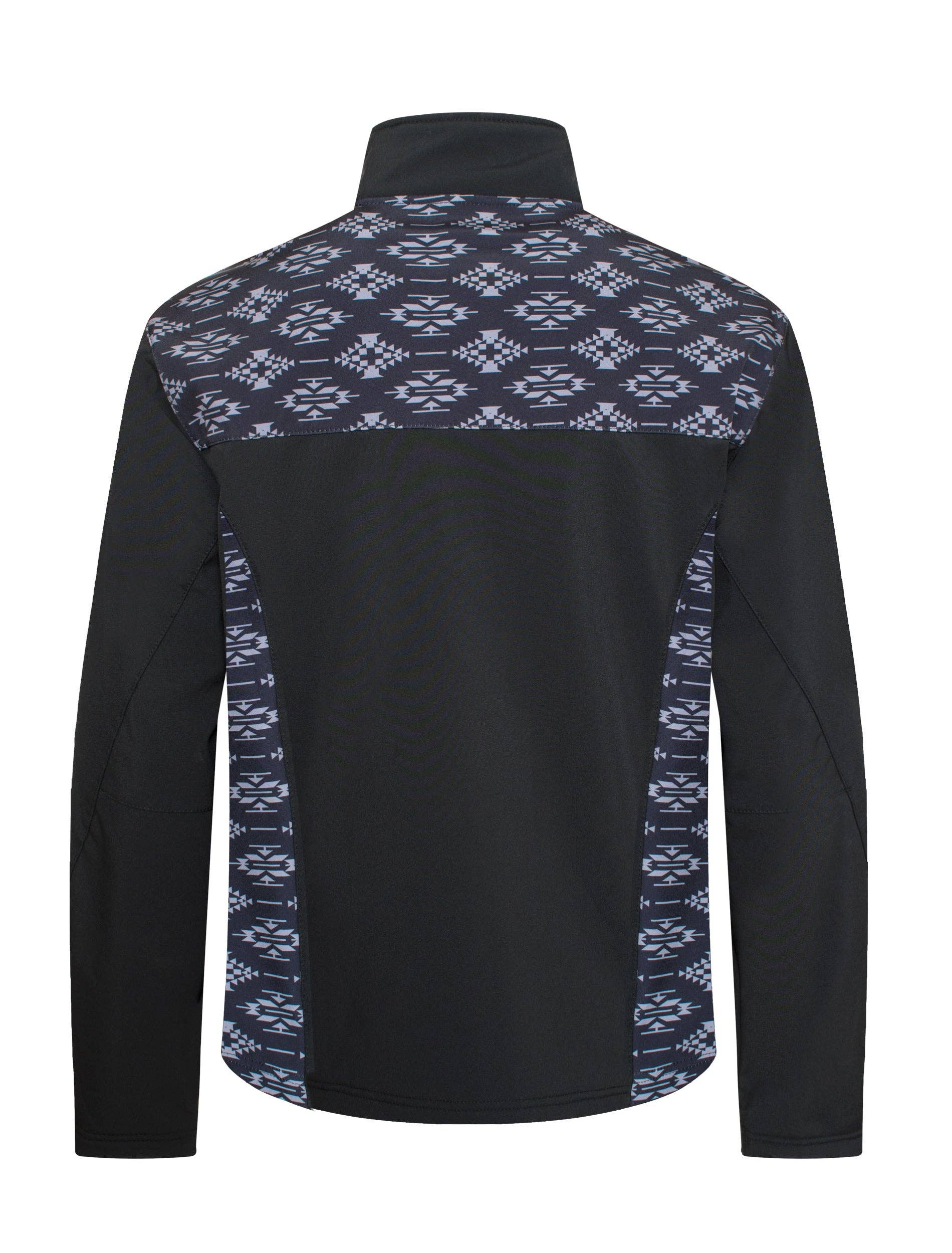 Black jacket with blue geometric pattern on a white background