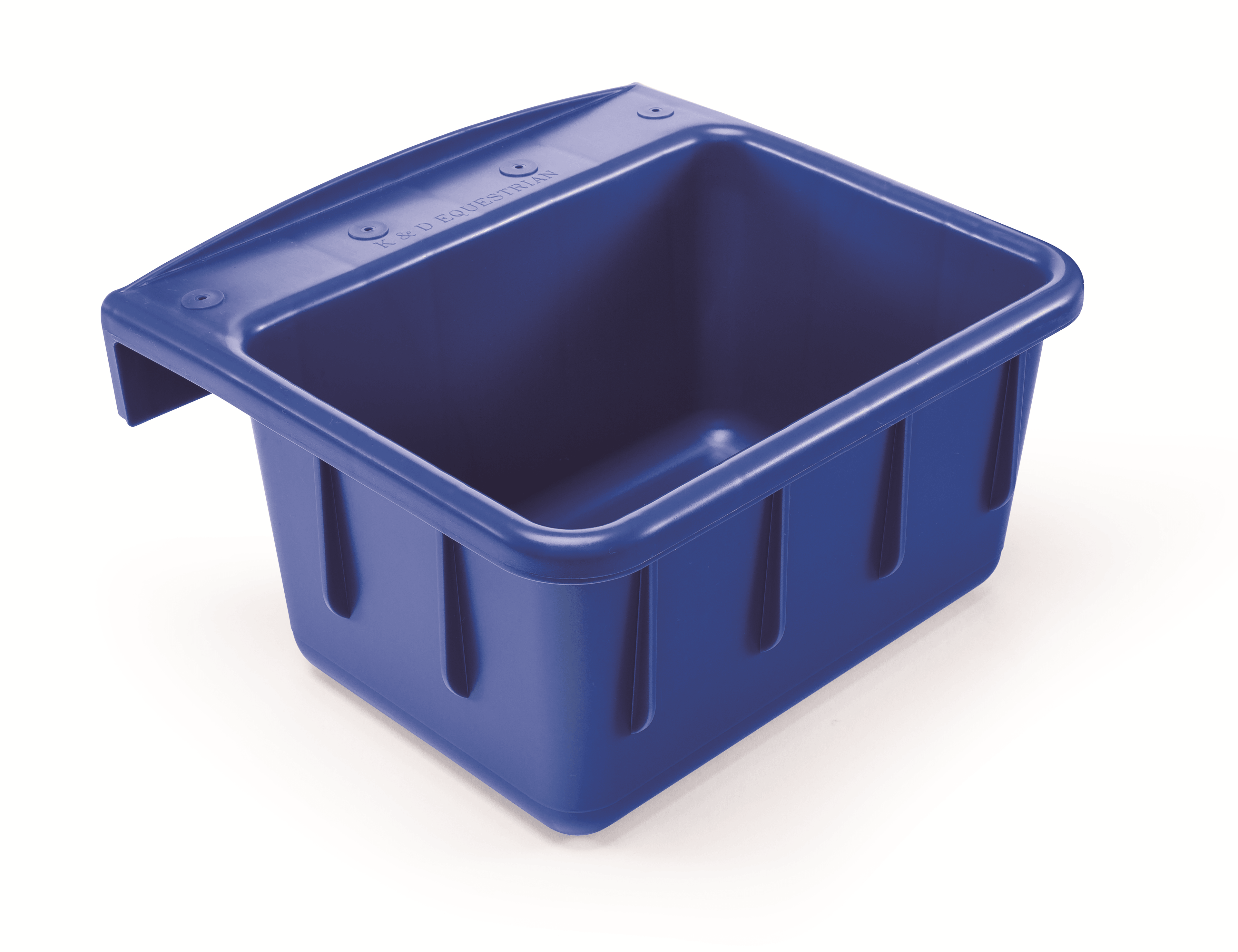 Blue plastic storage bin on a white background
