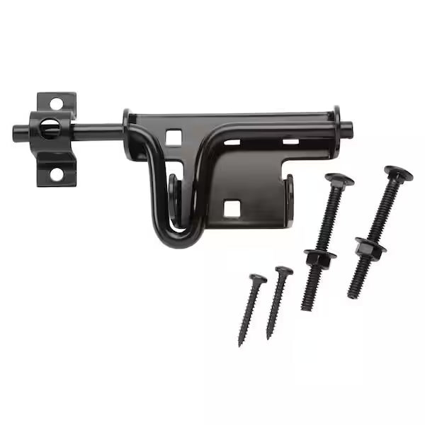 Black metal door latch with screws
