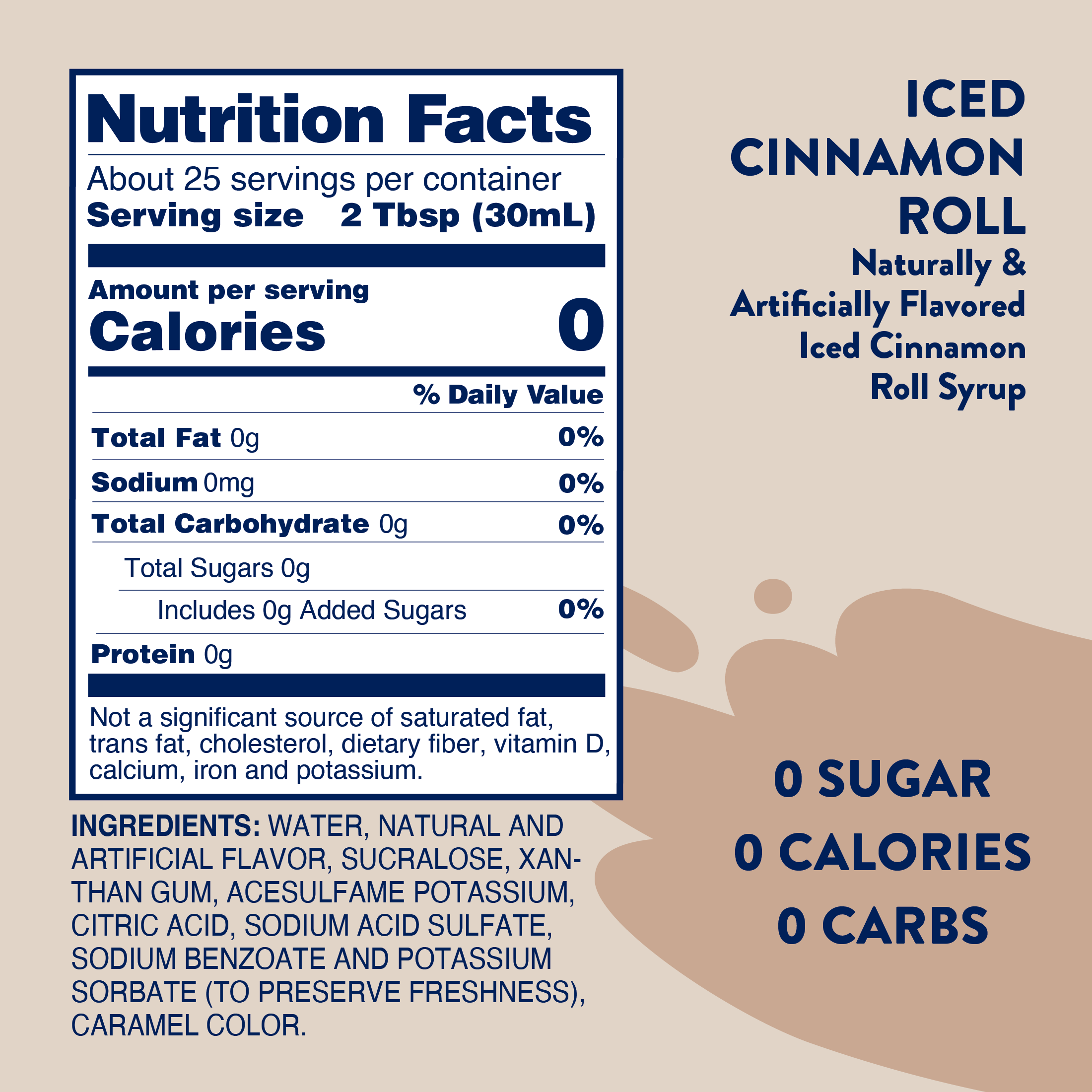 Nutrition facts label for iced cinnamon roll-flavored drink with a beige background