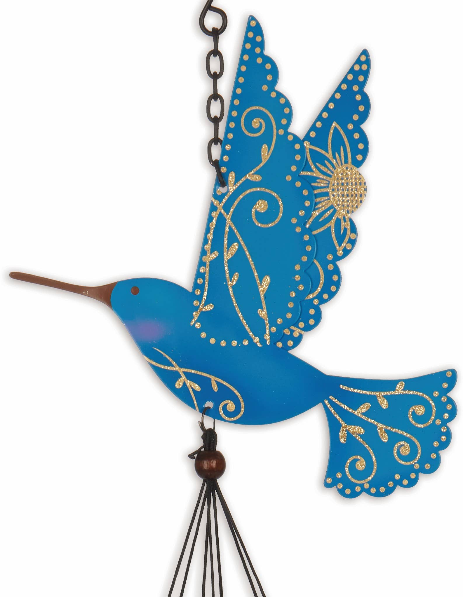 A blue metal hummingbird wall hanging with gold glittery scrollwork and dot patterns, a brown beak, attached chain, and black hanging cords on a white background.