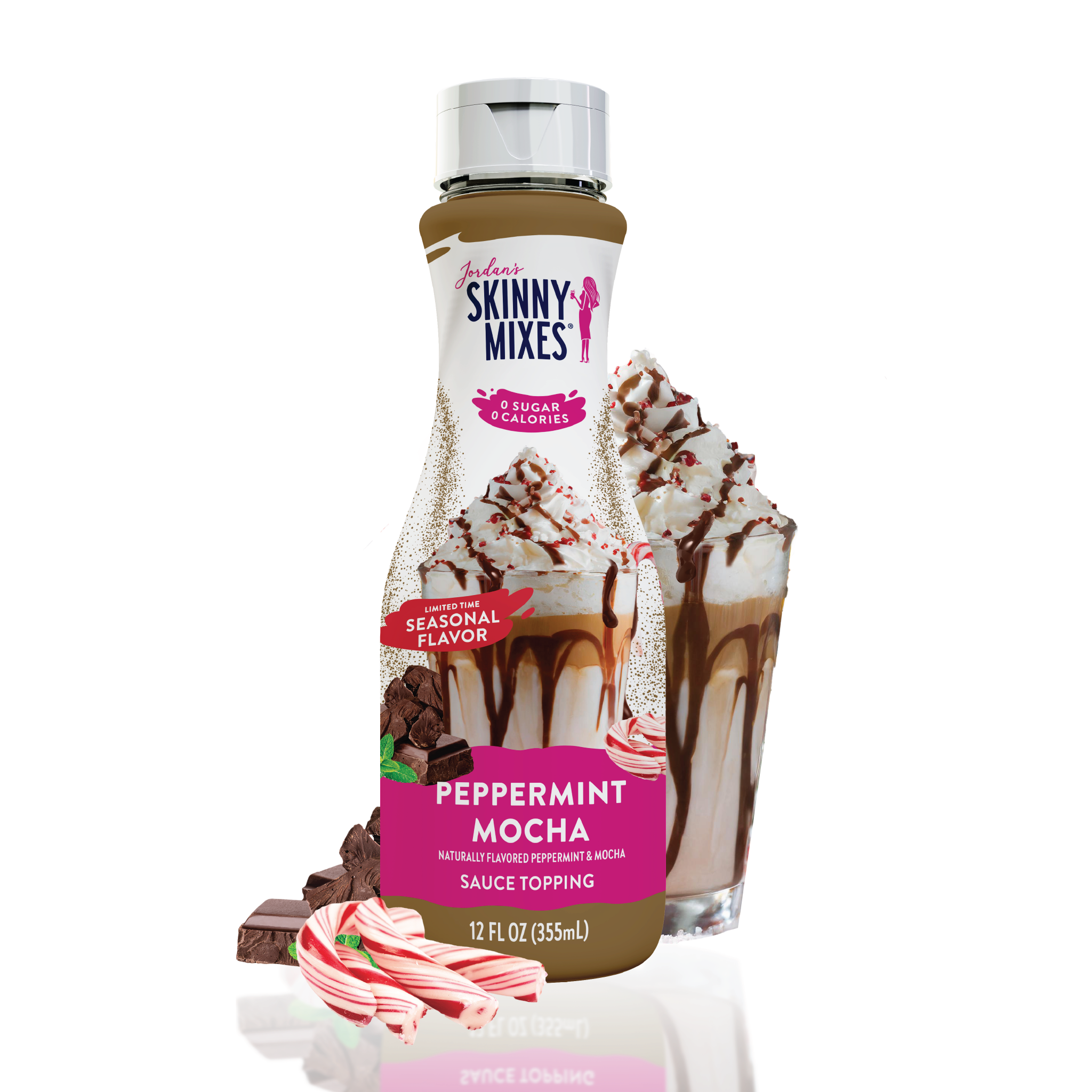 Skinny Mixes Peppermint Mocha sauce bottle with a dessert in the background