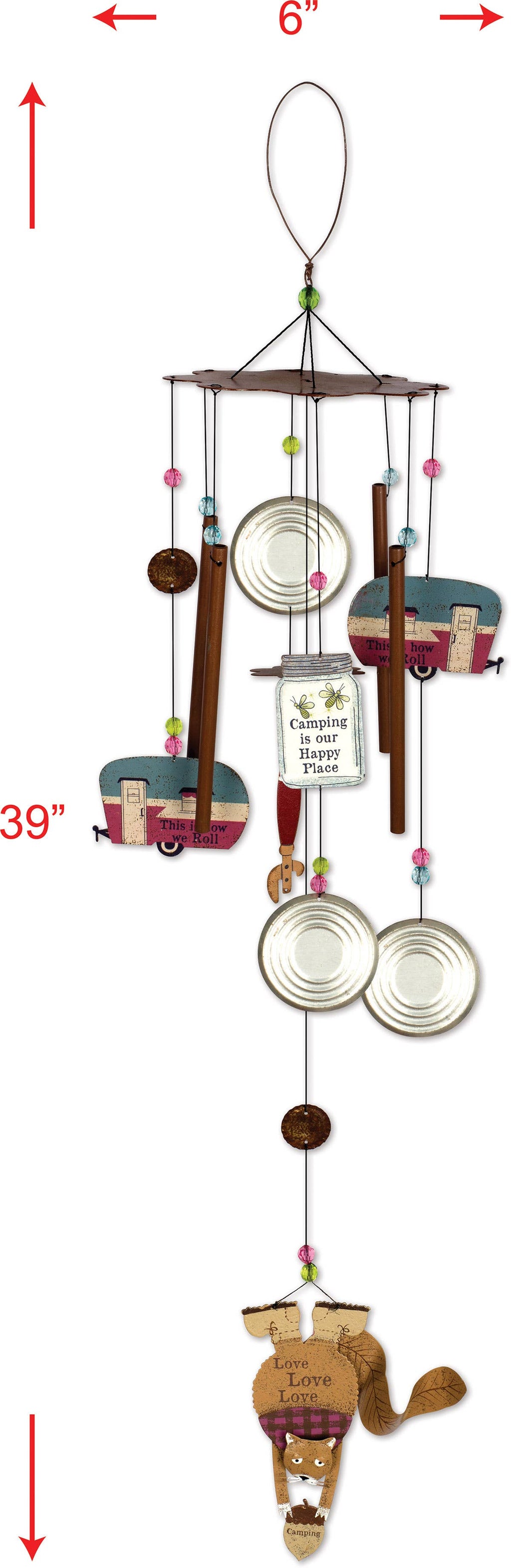 Decorative wind chime with camper and cat design, shown with measurements 