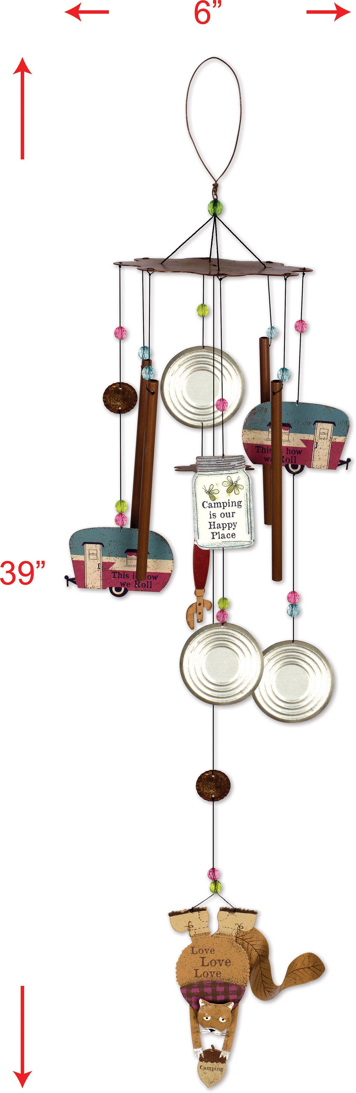 Decorative wind chime with camper and cat design, shown with measurements 