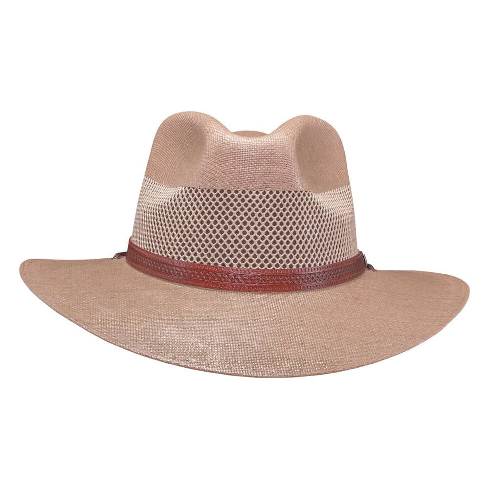 Beige straw hat with a mesh back and brown band 