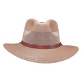 Beige straw hat with a mesh back and brown band 