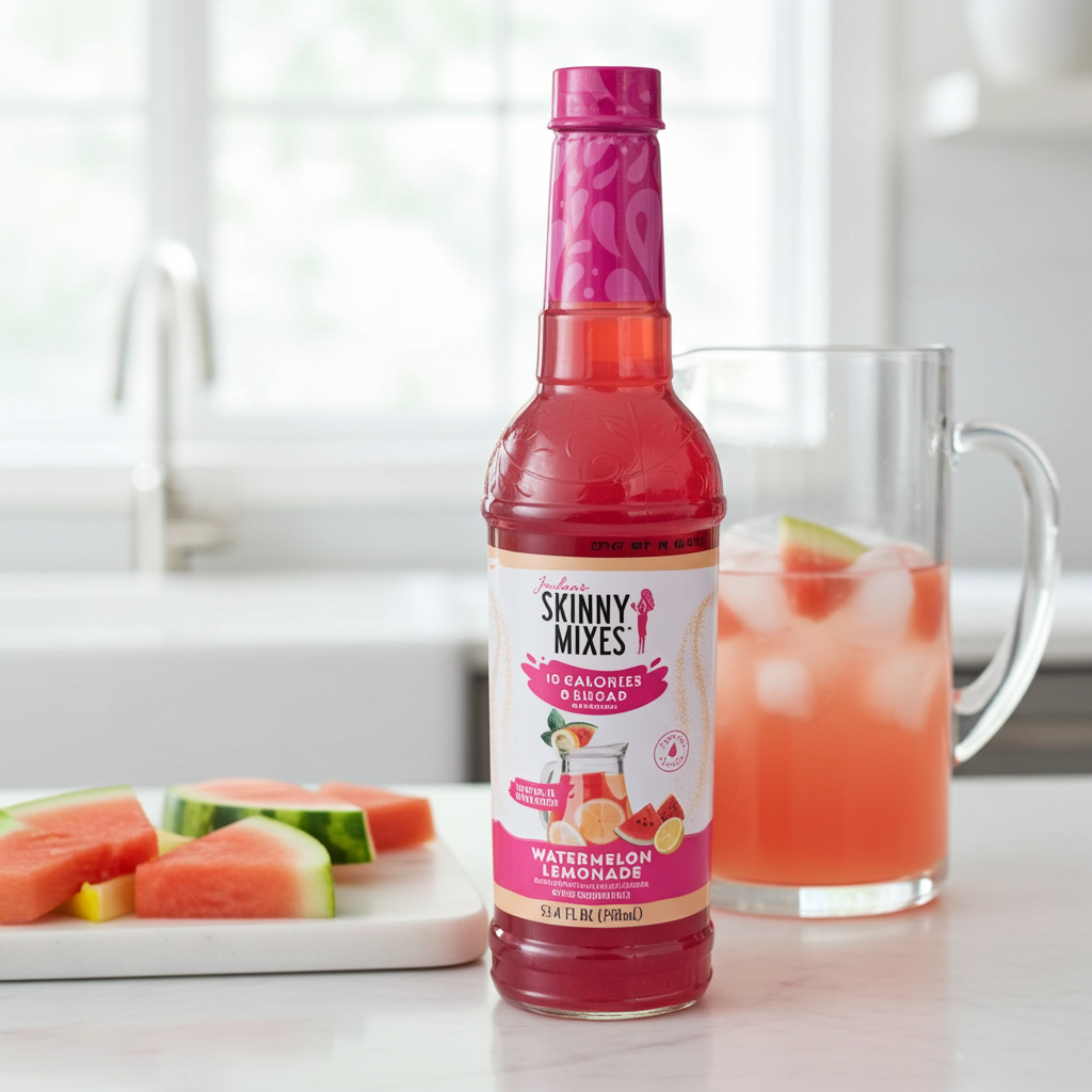 Bottle of Jordan's Skinny Mixes Sugar Free Watermelon Lemonade Syrup Concentrate bottle with a glass of the drink and fresh watermelon slices.