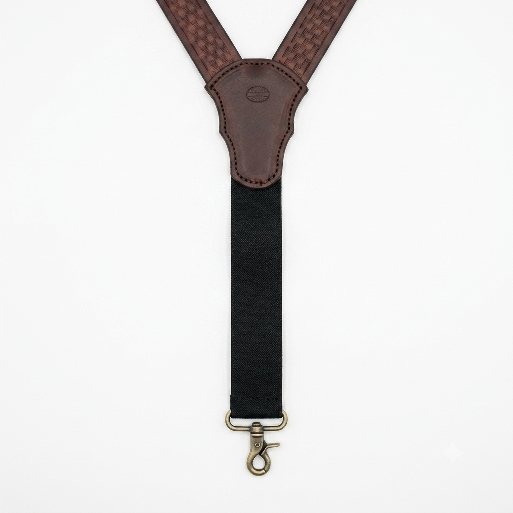 Close-up of the Y-back brown leather joiner and black elastic back strap on Western bridle leather suspenders.