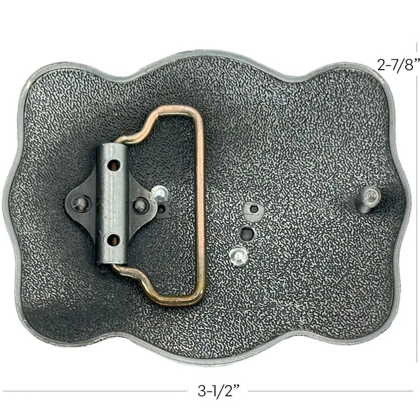 Back view of antique silver Western belt buckle showing belt loop frame and pin hardware with measurements of 3-1/2 inches wide by 2-7/8 inches high.