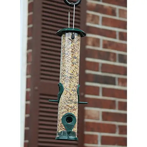 Bird feeder hanging against a brick wall
