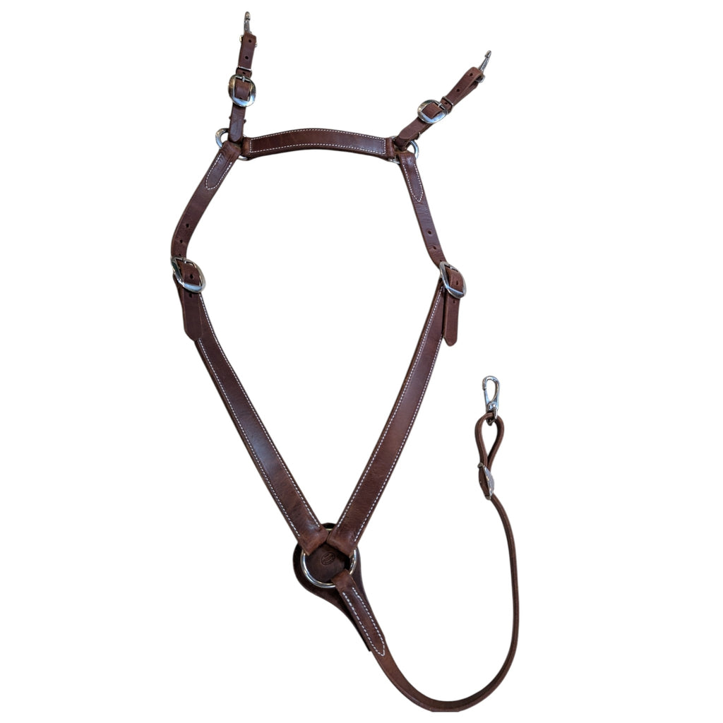 Amish-made Herman Oak leather Montreal style breast collar with stainless steel hardware and white stitching