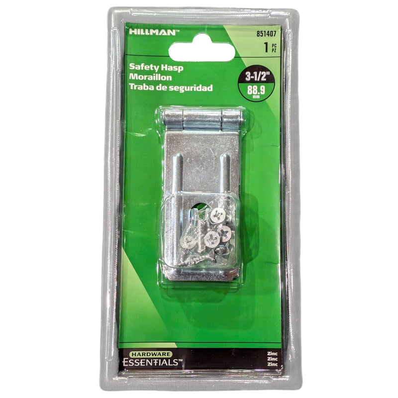Hillman 3-1/2-inch steel safety hasp in packaging with included mounting screws