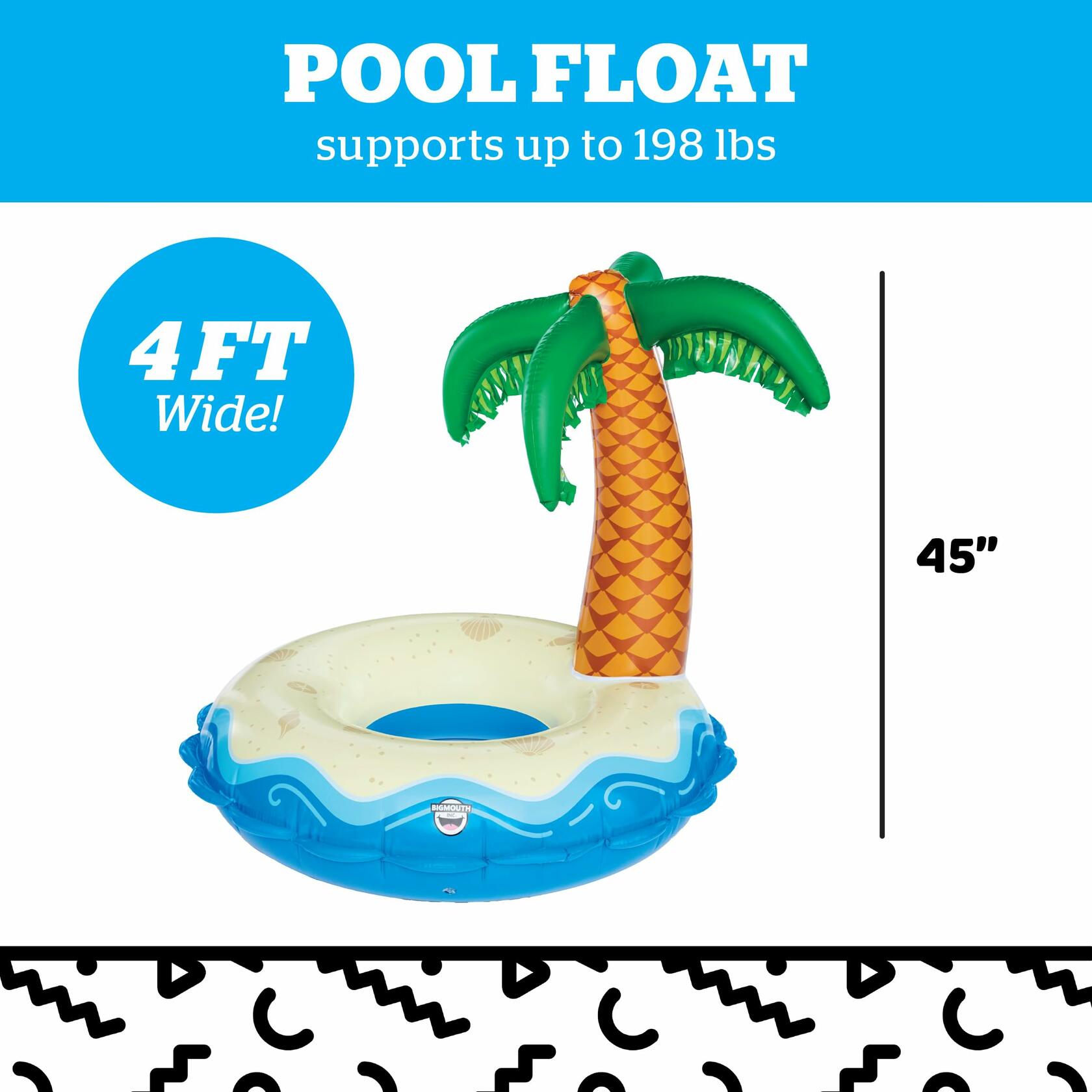 Inflatable pool float with palm tree design and measurements on a blue background