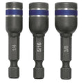 Three iIwin nutsetter bits with blue bands and silver metal collars, shown on a plain white background. The bits are labeled 1/4, 5/16, and 3/8.