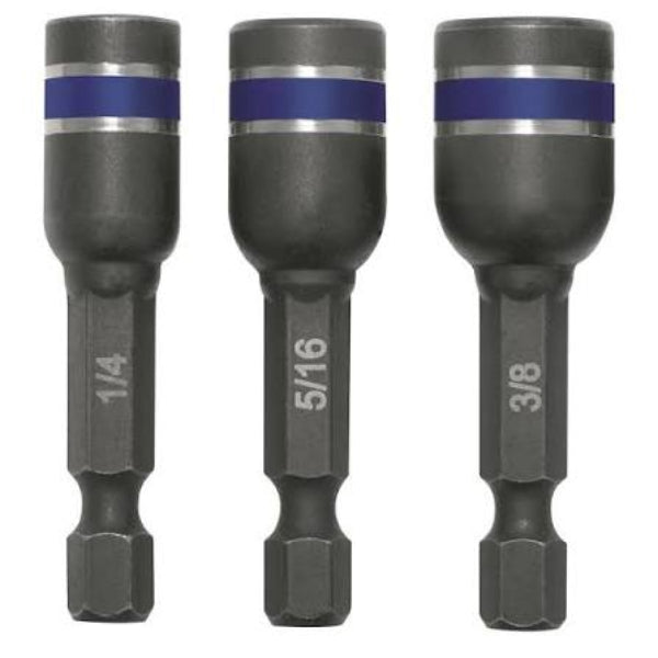 Three iIwin nutsetter bits with blue bands and silver metal collars, shown on a plain white background. The bits are labeled 1/4, 5/16, and 3/8.