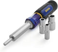 IRWIN 6-in-1 Metric Nut Driver with blue and black textured handle, shaft, and three double-ended metric socket bits on a white background.