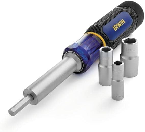 IRWIN 6-in-1 Metric Nut Driver with blue and black textured handle, shaft, and three double-ended metric socket bits on a white background.