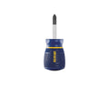 IRWIN #2 Phillips Stubby Screwdriver with 1-1/2 inch shaft, ergonomic blue handle, and yellow branding on a white background.