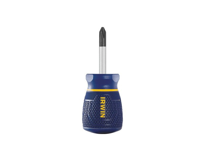 IRWIN #2 Phillips Stubby Screwdriver with 1-1/2 inch shaft, ergonomic blue handle, and yellow branding on a white background.