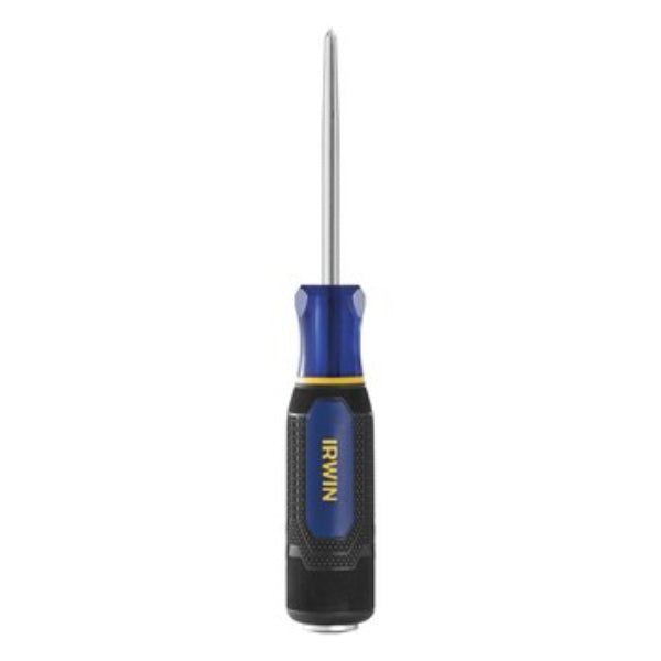 IRWIN Demolition Scratch Awl with steel strike cap and ergonomic blue and black handle on a white background.