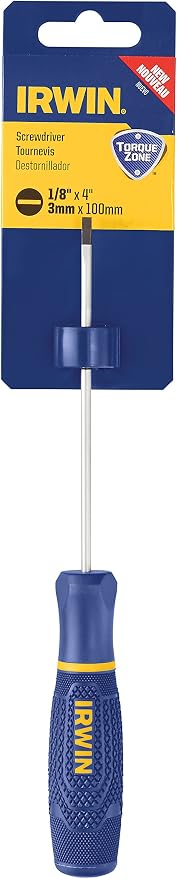 IRWIN 1/8-inch x 4-inch Flat Head Screwdriver in retail packaging with ergonomic blue and yellow handle on a white background.