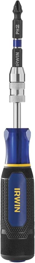 IRWIN Quick Change Multi-Bit Driver with blue and black 3-Zone Comfort Grip handle, Lock-n-Load mechanism, and loaded PH2 bit on a white background.