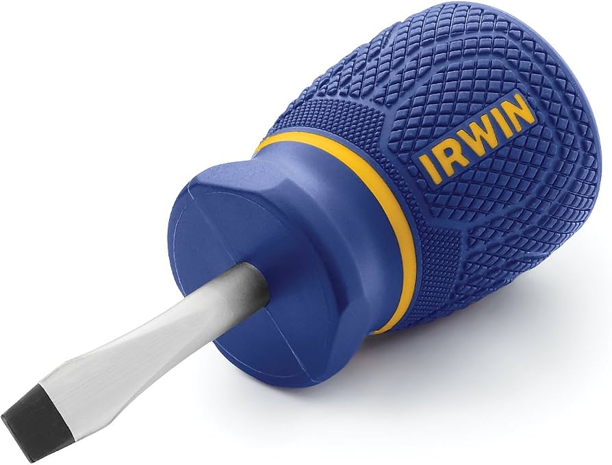 IRWIN 1/4-inch x 1-1/2-inch Flat Head Stubby Screwdriver with ergonomic blue and yellow handle on a white background.