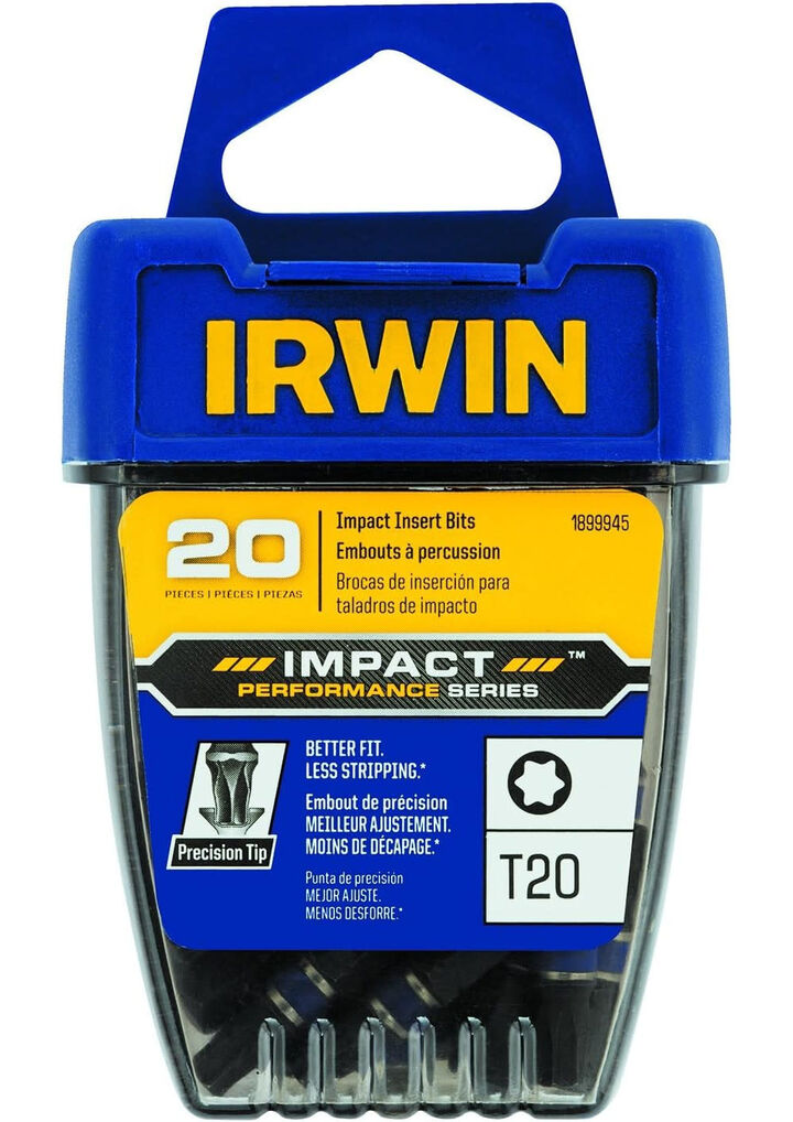 A package of 20 IRWIN Impact Insert Bits in a blue and yellow retail clamshell container.
