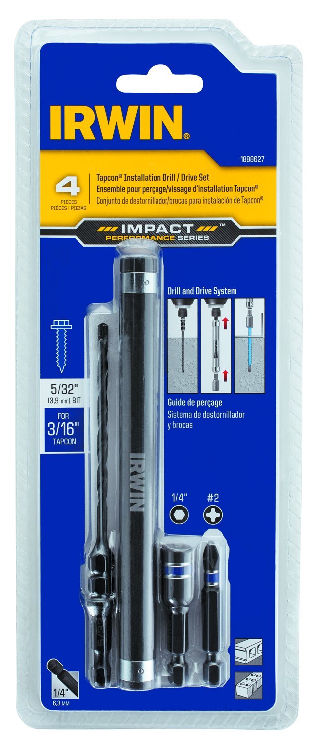 IRWIN Tapcon Impact Drilled Bit Set in its original blue and yellow retail blister packaging, containing four 3/16-inch drill bits.
