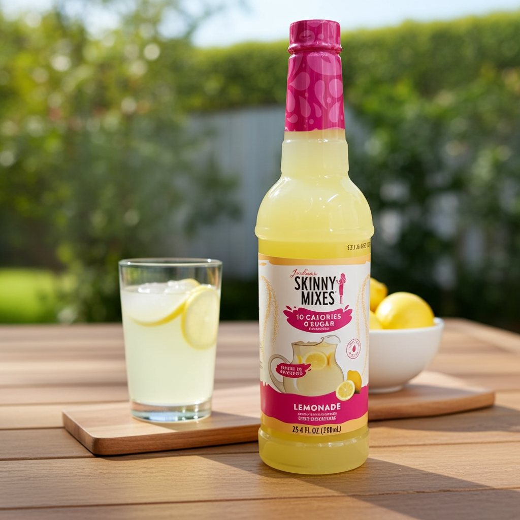 Jordan's Skinny Mix Sugar Free Lemonade Concentrate (750ml) bottle sitting next to a glass of iced lemonade with lemon slices on a wooden table outdoors